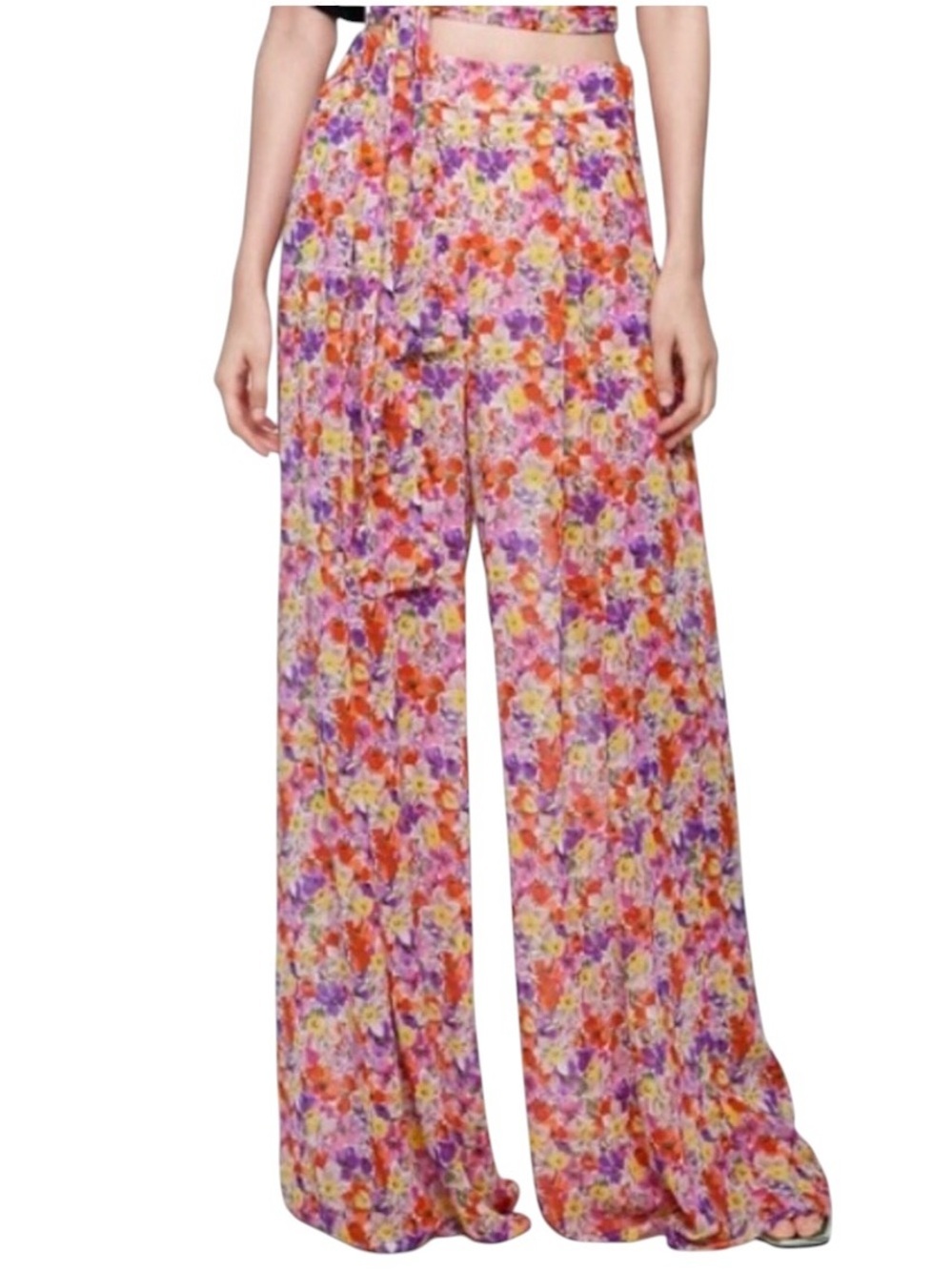 NWT Zara Floral Wide-Leg Summer lightweight lined Pants - Pink Multi size medium